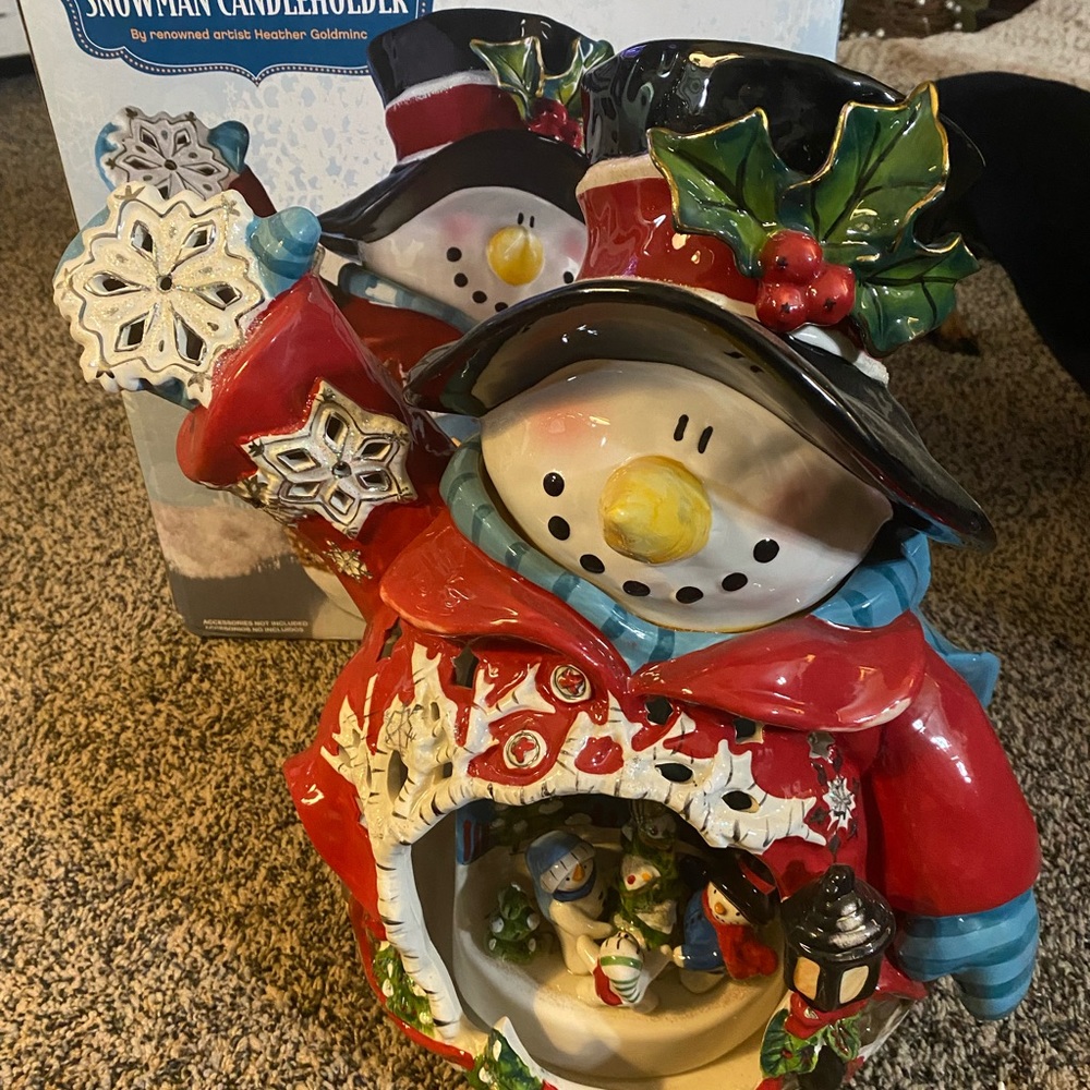 RARE Blue Sky circle of friends snowman candleholder